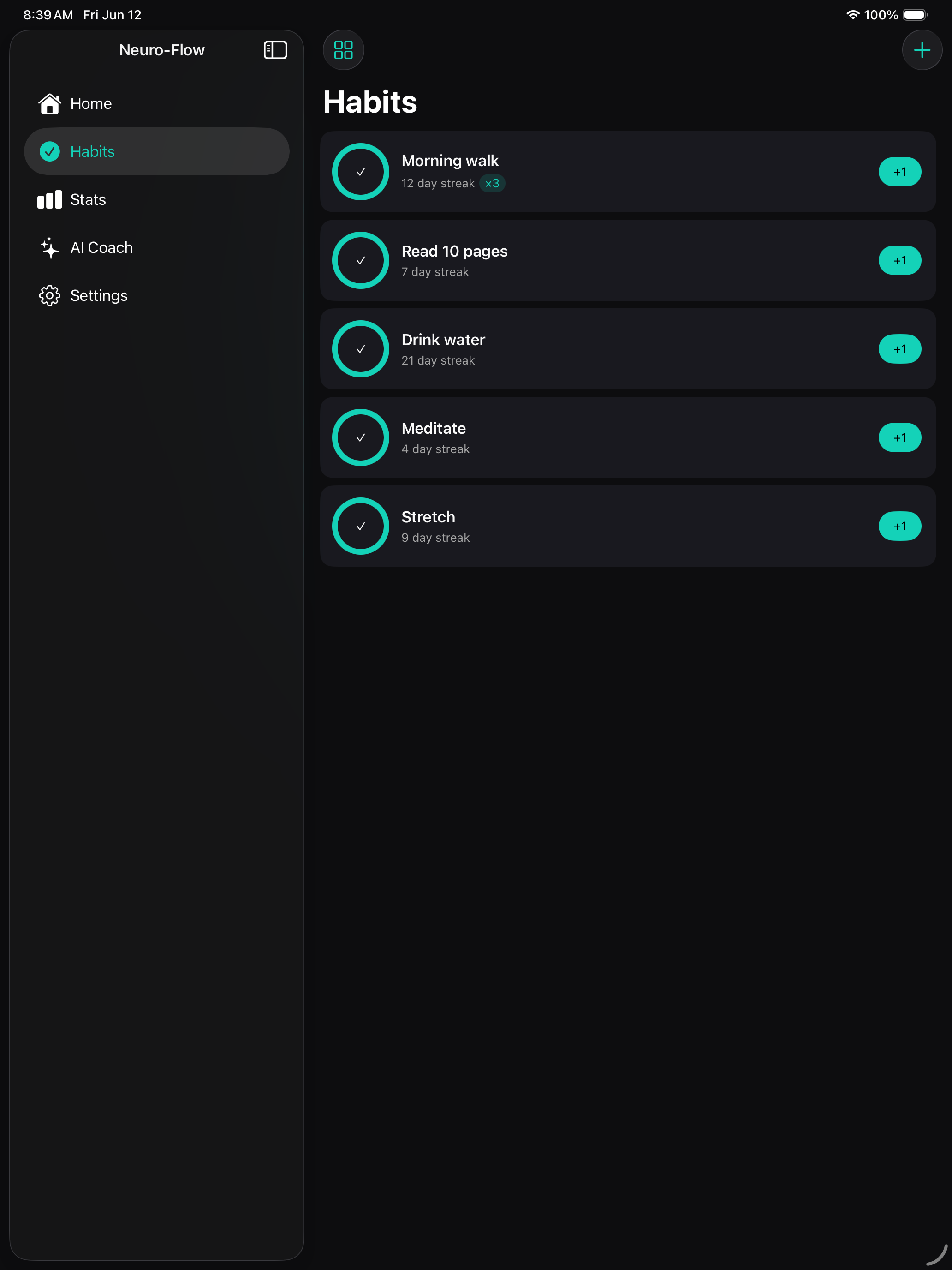Habit list with streaks and completion progress